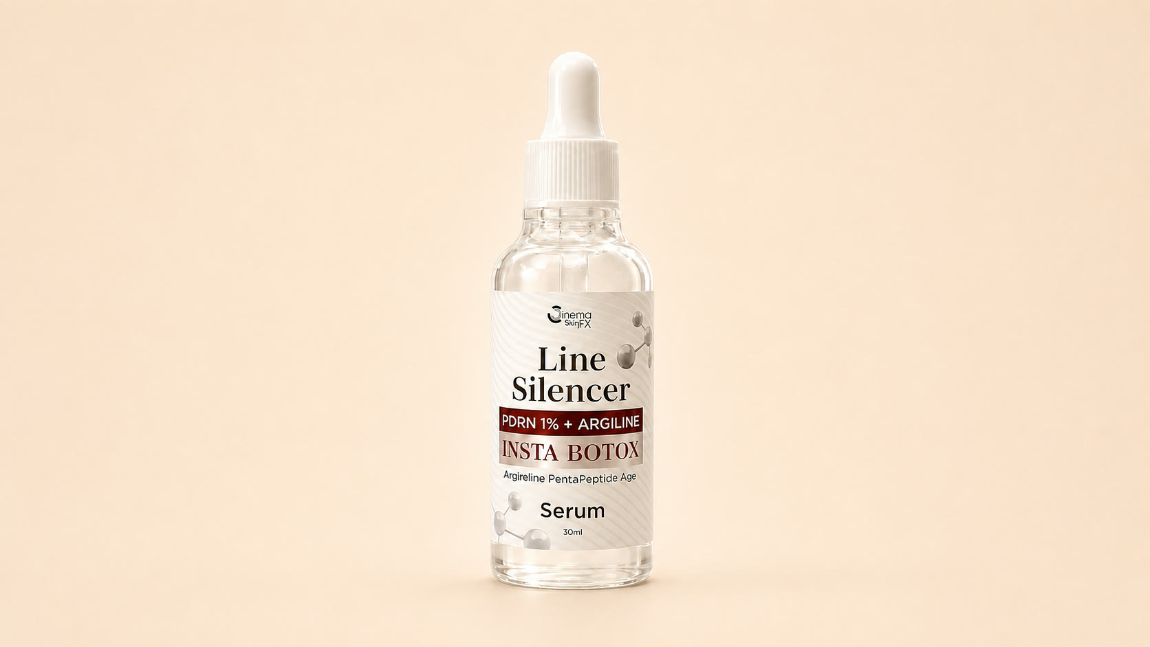 The Cinema SkinFX Line Silencer serum: a clear 30 ml glass dropper bottle with a white cap, its label reading PDRN 1% + ARGILINE over INSTA BOTOX, and Argireline PentaPeptide Age Serum beneath.