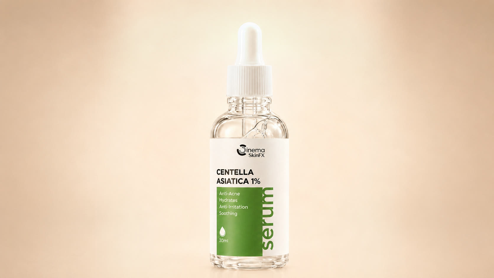 The Cinema SkinFX Centella Asiatica 1% serum: a clear 30 ml glass dropper bottle with a white cap and a green label listing Anti-Acne, Hydrates, Anti-Irritation and Soothing.
