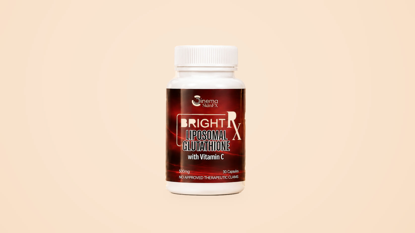 The Cinema SkinFX Bright Rx supplement: a white jar with a deep red label reading BRIGHT Rx, Liposomal Glutathione with Vitamin C, 500mg, 30 Capsules, and No Approved Therapeutic Claims.