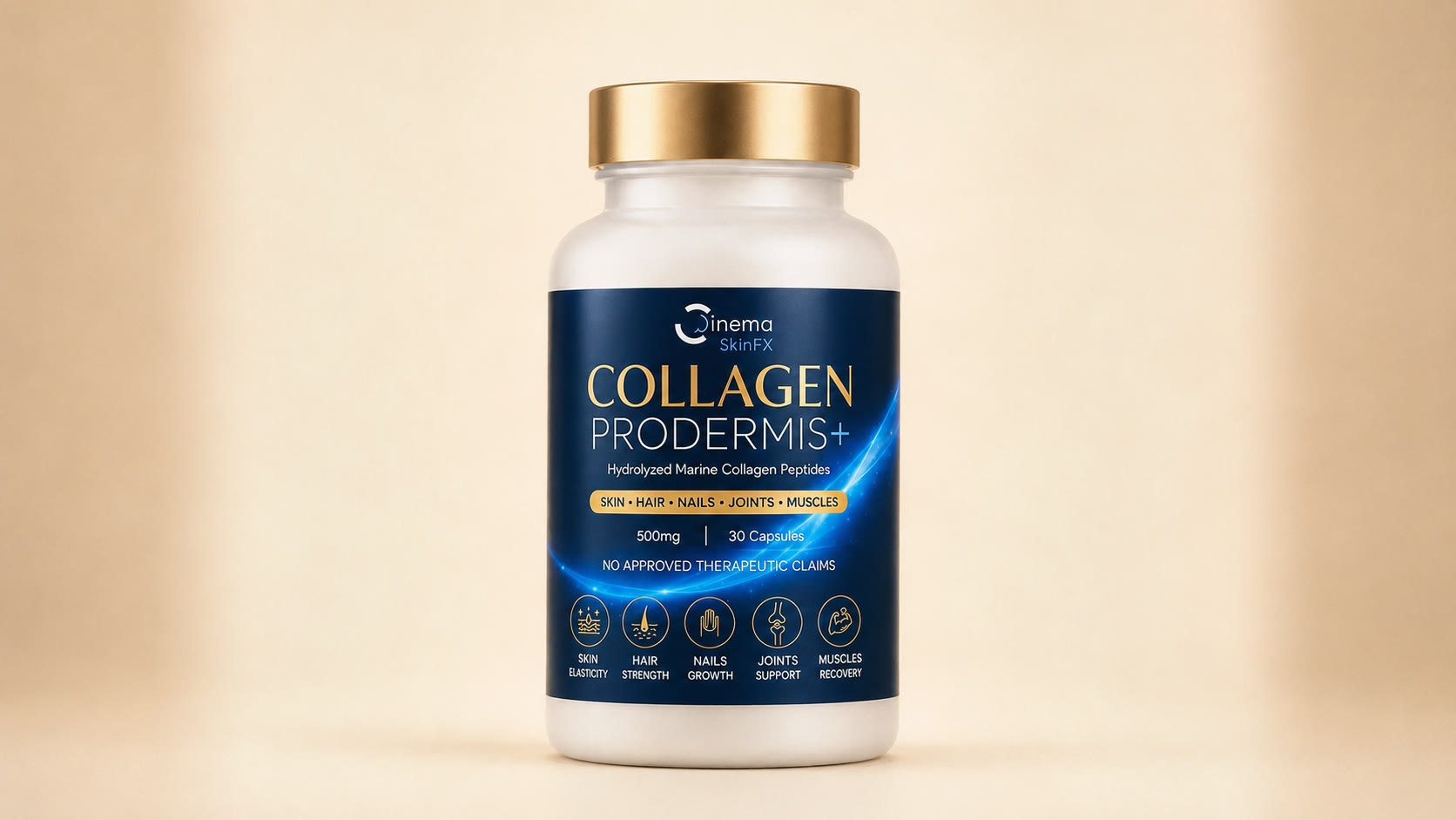 The Cinema SkinFX Collagen Prodermis+ supplement: a frosted white bottle with a gold cap and a deep navy label reading COLLAGEN PRODERMIS+, Hydrolyzed Marine Collagen Peptides, Skin, Hair, Nails, Joints and Muscles, 500mg, 30 Capsules, and No Approved Therapeutic Claims.