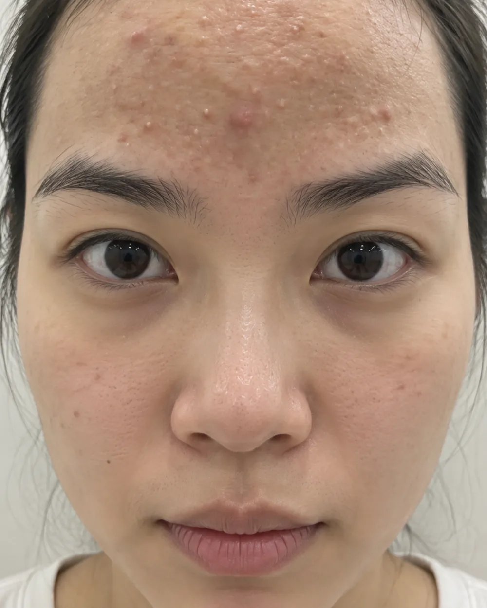 Case one, before: small raised clogged bumps across the whole forehead.