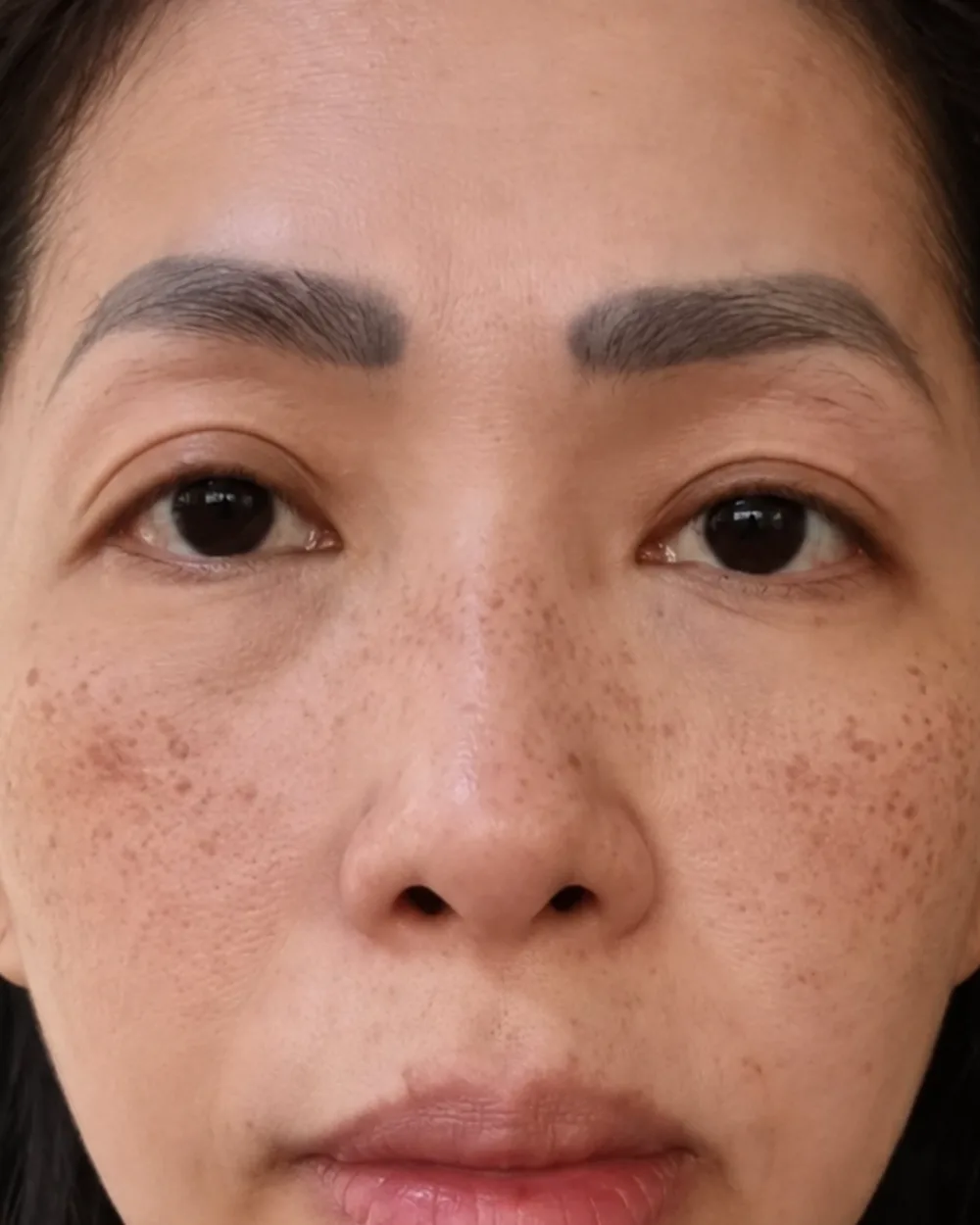 Case two, before: brown sun spots and freckling across both cheeks and the nose.