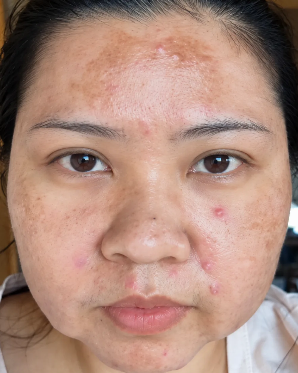 Case three, before: brown pigmentation over the forehead and cheeks with several raised, inflamed spots.