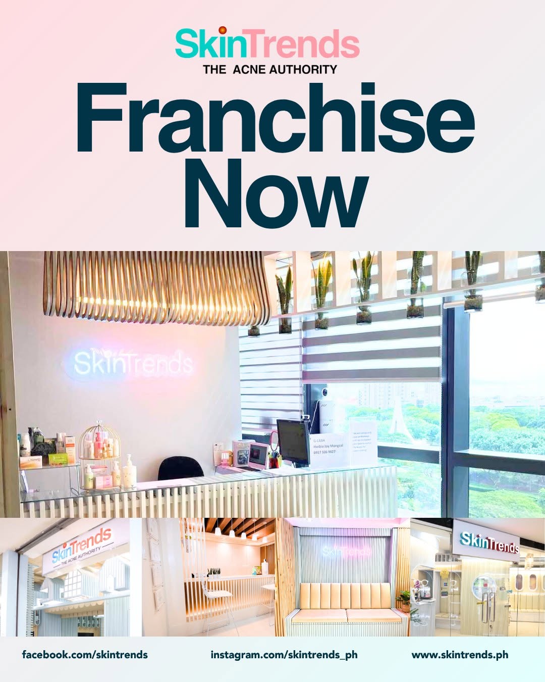 Skin Trends Franchise Now — Clinic interiors and branch locations. The Acne Authority. Modern, professional dermatology clinic spaces across the Philippines.