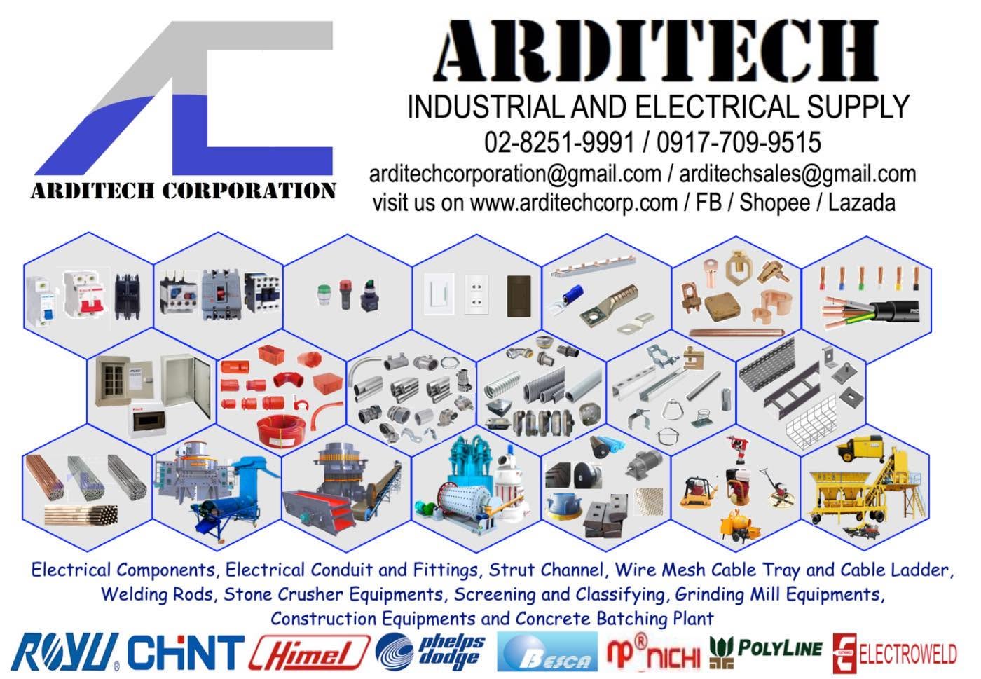 Arditech Industrial and Electrical Supply product catalogue graphic showing breakers, conduits, cable trays, welding rods and machinery