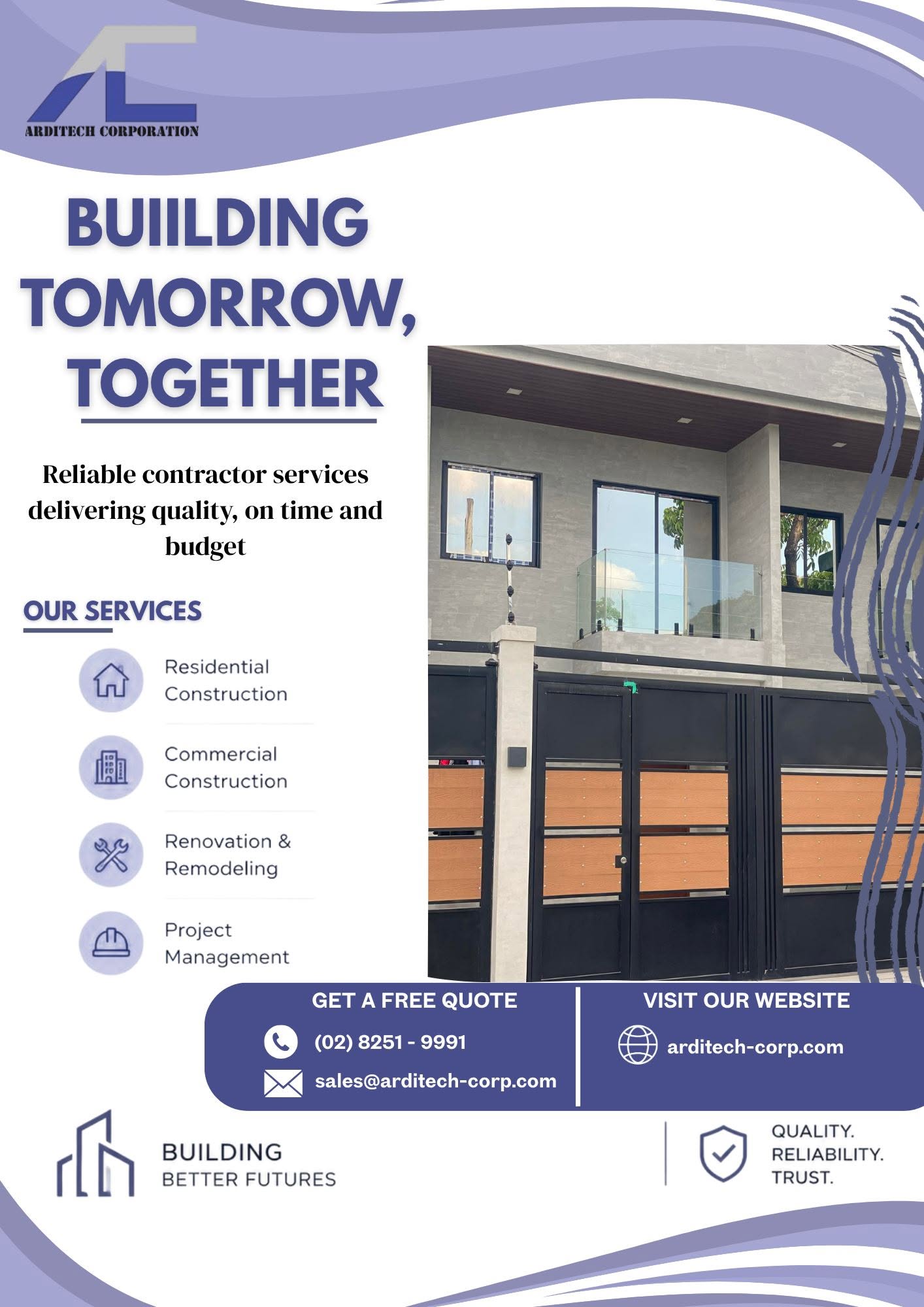 Arditech Construction promotional flyer — Building Tomorrow, Together, listing residential, commercial, renovation and project management services