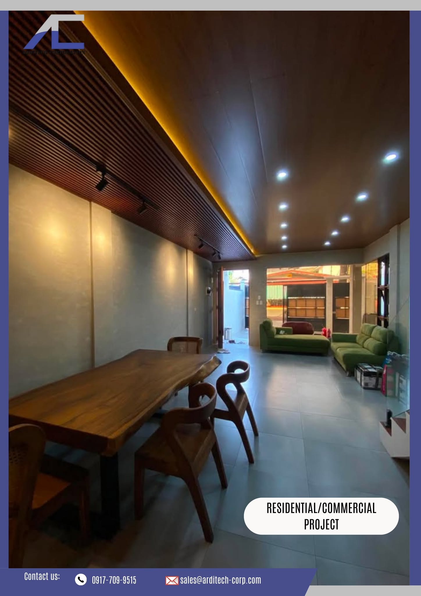 Finished residential and commercial interior by Arditech with wood-slat ceiling, warm lighting and modern fit-out