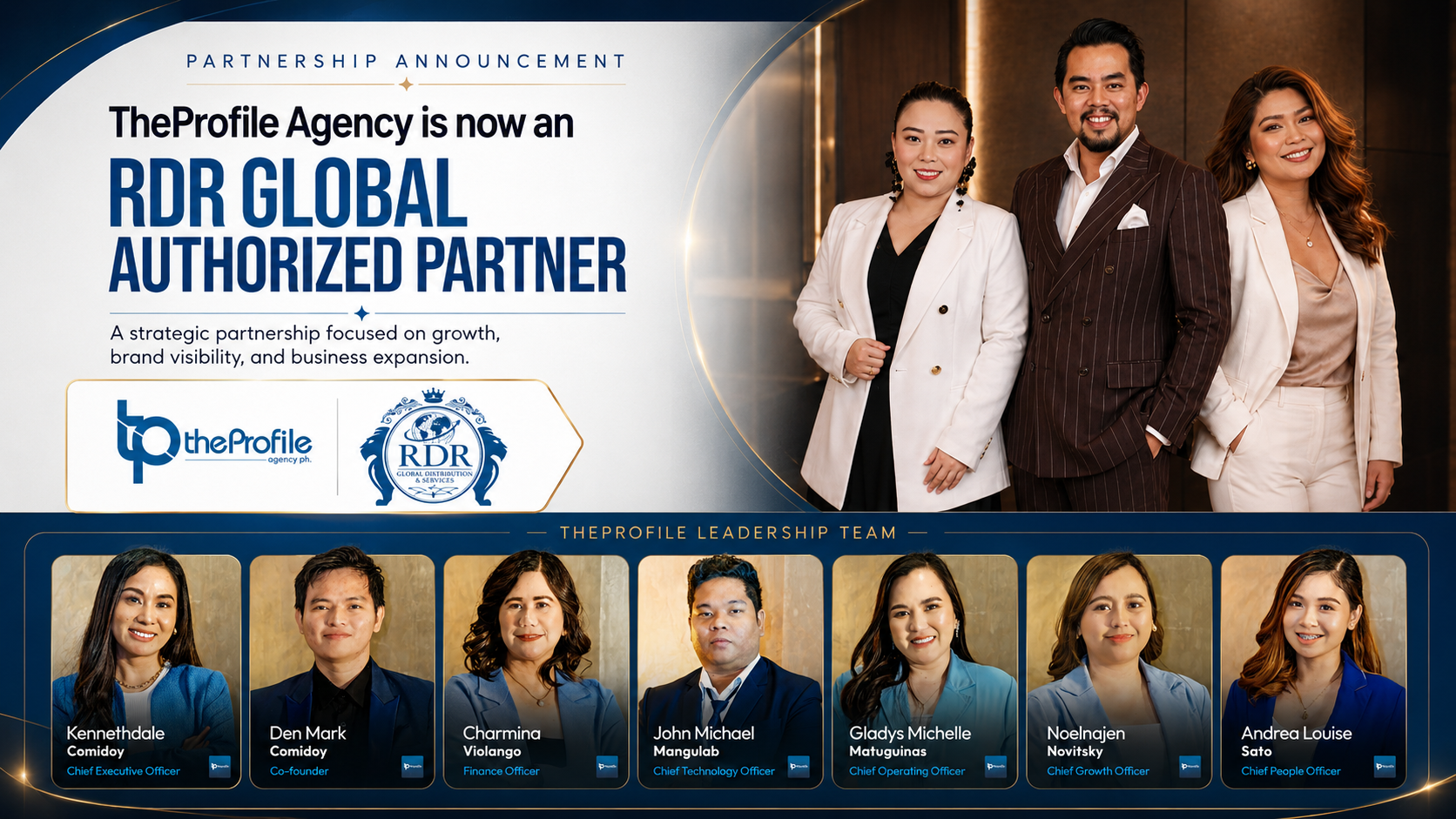 Partnership announcement — TheProfile Agency is now an RDR Global Authorized Partner, with The Profile leadership team
