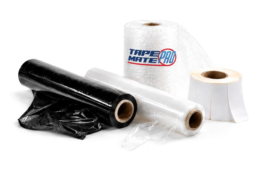 Black and clear stretch film, a TapeMate bubble wrap roll and a thermal label roll