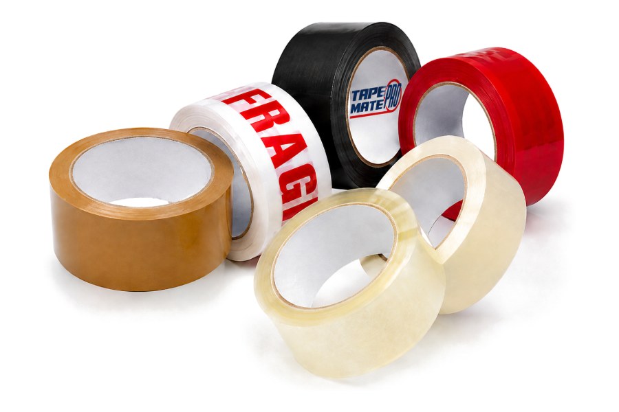 Tan, clear, white Fragile, black and red TapeMate packaging tape rolls